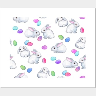 Easter Bunnies with Rainbow Pastel Eggs on white Posters and Art